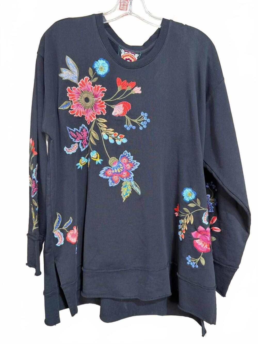 NEW JOHNNY WAS women's hi-lo embroidered pullover in black